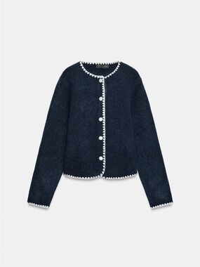 Navy Bouclé Button Front Cardigan with White Trim